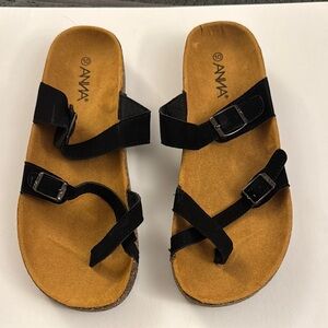 ANNA Sandal "Glory" Black Nubuck Sz 10 Toe Hugger Flip-Flop Cork Strappy hM8